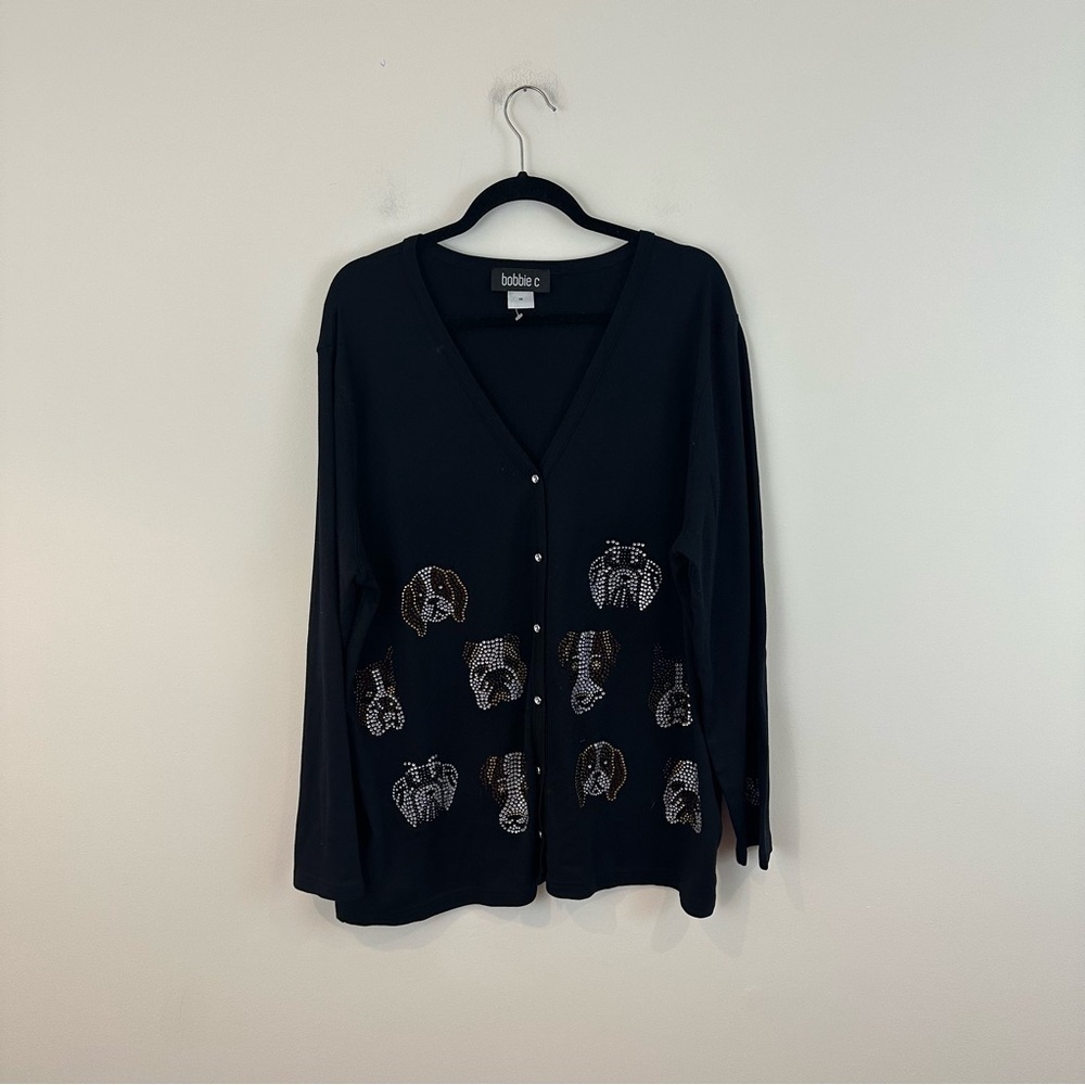 Bobbi C Black Cotton Cardigan with Bedazzled Dog Print Size 1X Women's